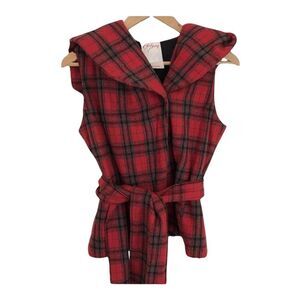 Wool Red Plaid Hooded Belted Vest‎ Jacket XS by Chulo Pony Gretchen Holiday